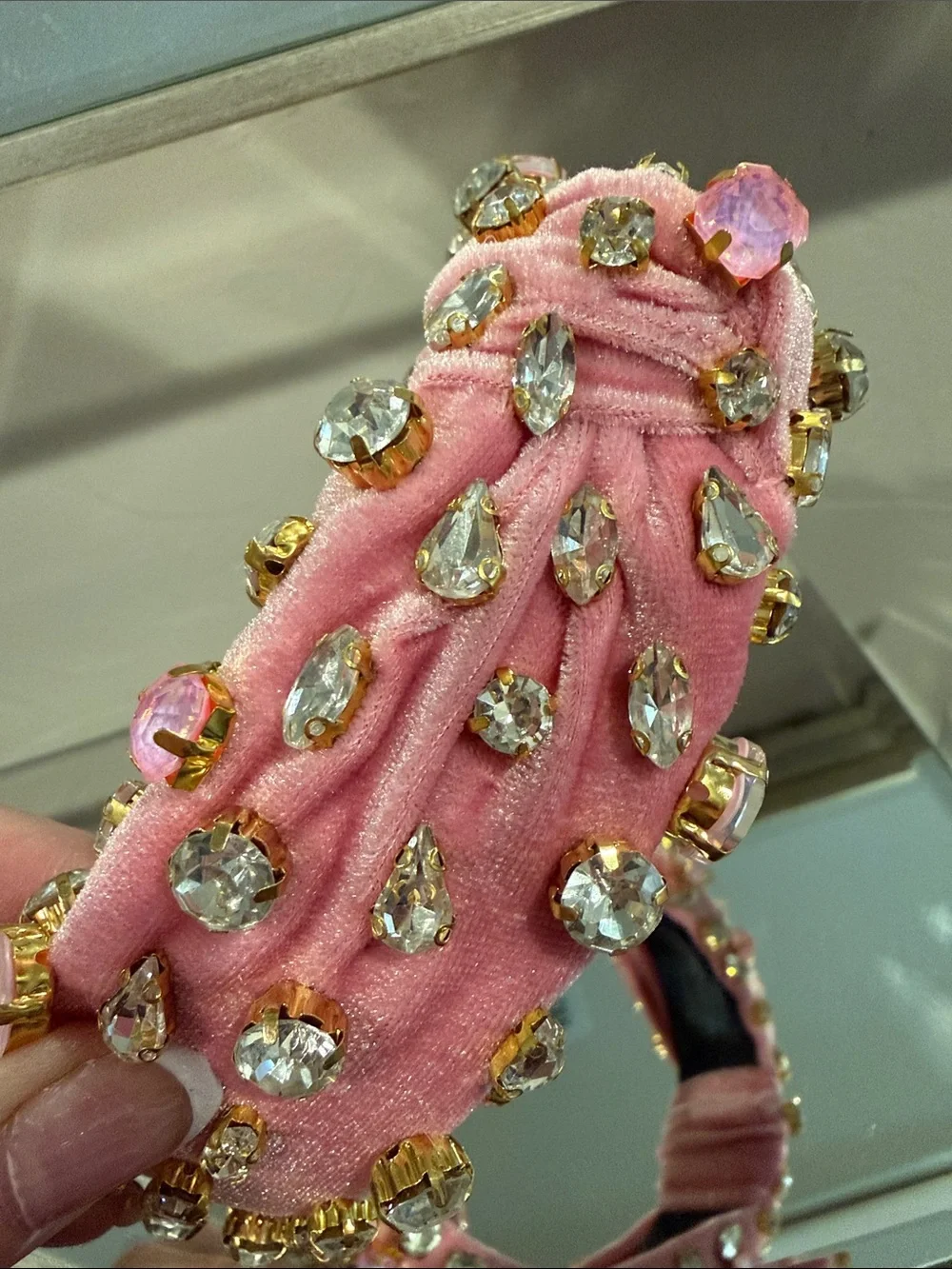 Pink Velvet Crystal Embellished Knotted Headband